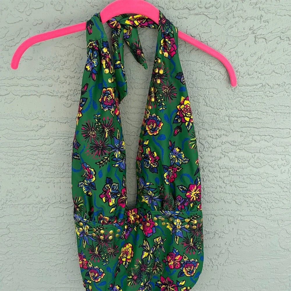 YMI One Piece Swimsuit Womens 2XL Plus Green Floral Halter Plunge Studded